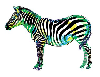 Zebra desen işaretleri. Pop Art. Parlak baskı, renkli noktalar. Serbest çizim. Zebra tam büyüme.