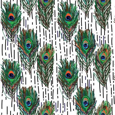 Kuş tüyleri ile dikişsiz desen. Tavus kuşu tüyü. Parlak çok renkli arka plan. Pop art çizim işaretleri.