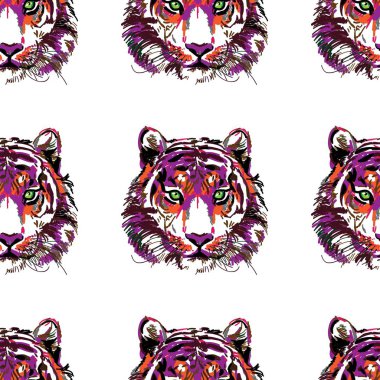 Kaplanlar ile dikişsiz desen. Pop Art. Şık renkli arka plan. Yaz baskısı. Şekil işaretleri.