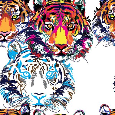 Kaplanlar ile dikişsiz desen. Pop Art. Şık renkli arka plan. Yaz baskısı. Şekil işaretleri.