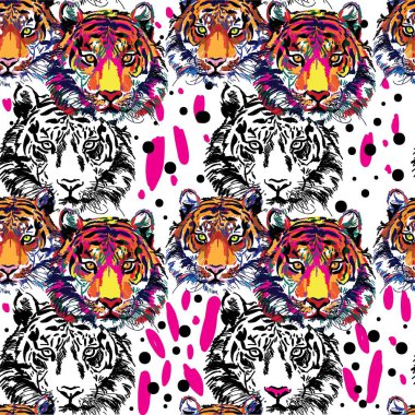 Kaplanlar ile dikişsiz desen. Pop Art. Şık renkli arka plan. Yaz baskısı. Şekil işaretleri.