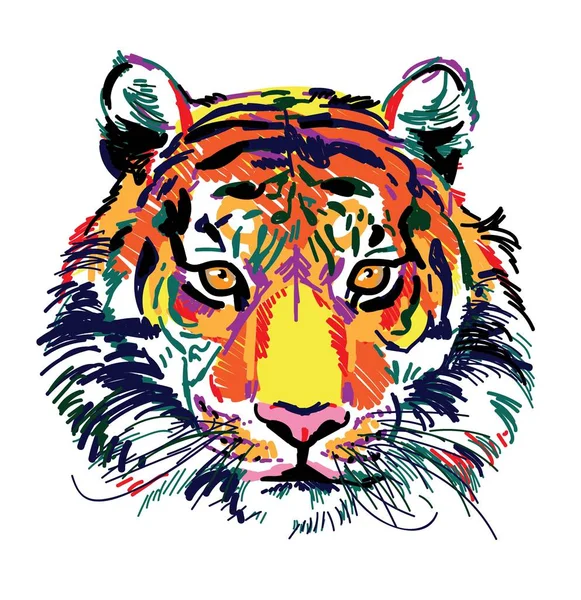 Cabeza Tigre Dibujo Multicolor India Tigre Amur Marcadores Dibujo Arte — Vector de stock