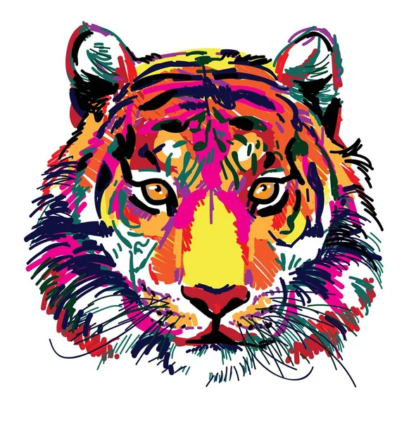 Tête Tigre Croquis Multicolore Indien Tigre Amour Marqueurs Dessin Pop — Image vectorielle