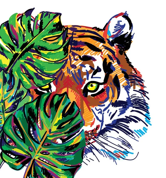 Tigre Selva Grandes Folhas Plantas Tropicais Desenho Multicolorido —  Vetores de Stock