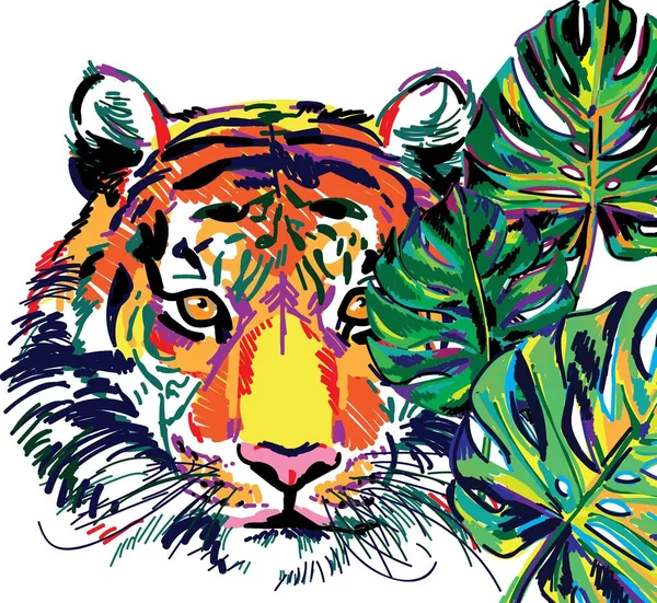 Tigris Dzsungelben Trópusi Növények Nagy Levelei Többszínű Rajz — Stock Vector