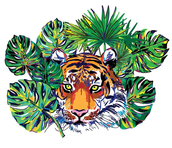 Tiger Djungeln Stora Blad Tropiska Växter Flerfärgad Ritning — Stock vektor