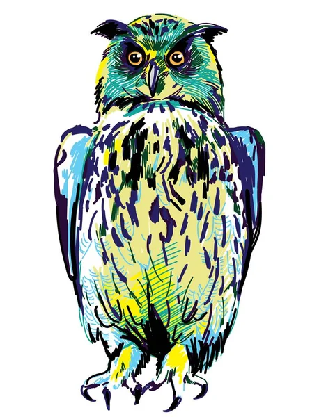 フクロウは翼を広げるハエ 手で描く マーカーを描く 多色のスタイリッシュなパターン フライングバード — ストックベクタ
