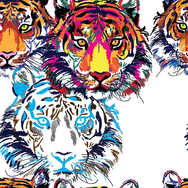 Kaplanlar ile dikişsiz desen. Pop Art. Şık renkli arka plan. Yaz baskısı. Şekil işaretleri.