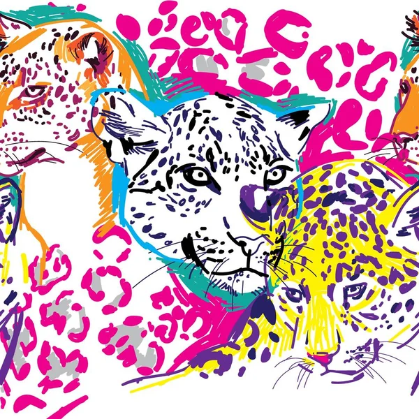 Seamless Pattern Leopards Big Cats Pop Art Stylish Colorful Background — Stock Vector