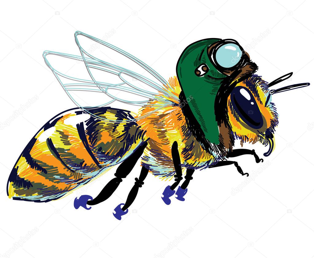 Funny drawing of a bee pilot. Bee in hat and boots. Bee flies, colorful drawing.