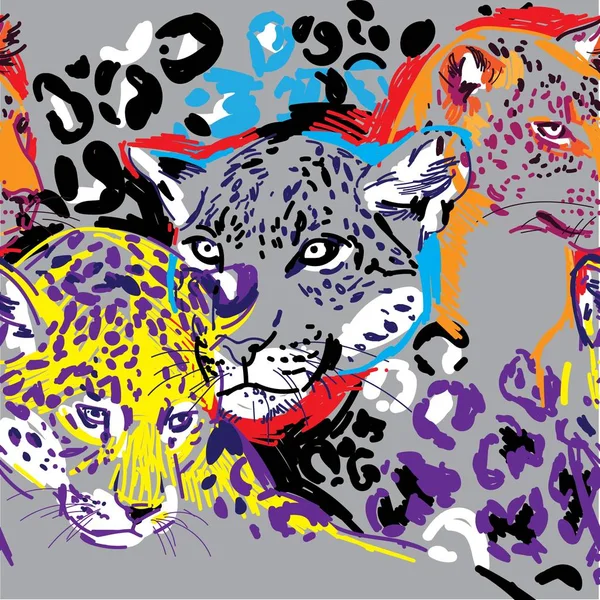 Leoparlar ile dikişsiz desen. Büyük kediler. Pop Art. Şık renkli arka plan. Yaz baskısı. Figürlü işaretler.