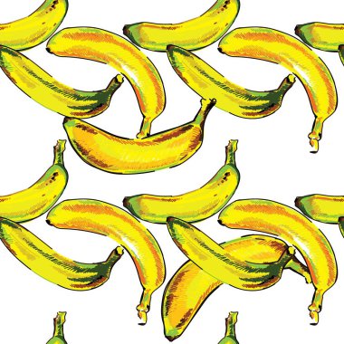 Muz ile dikişsiz desen. Olgun meyve. Parlak çok renkli arka plan. Pop art çizim işaretleri.