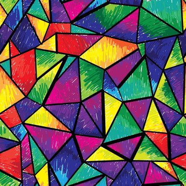 Soyut dikişsiz desen. Çok renkli üçgenler, vitray. Şekil işaretleri.