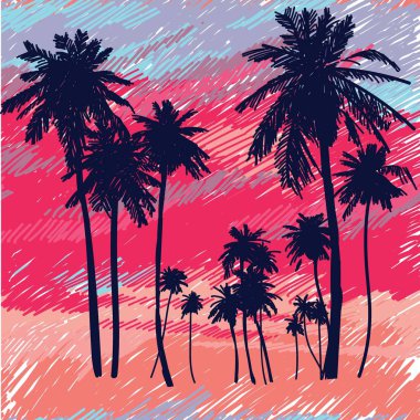 Gökyüzüne karşı palmiye ağaçları ile dikişsiz desen. Parlak çok renkli arka plan. Pop art çizim işaretleri.