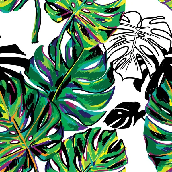 Sömlösa Mönster Med Monstera Blad Tropiska Växter Uppsättning Bilder Flerfärgad — Stock vektor