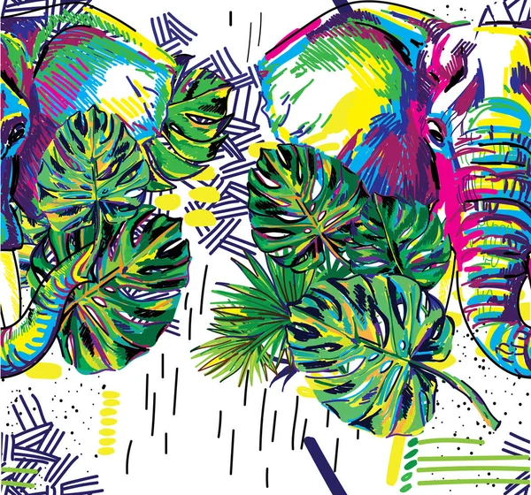 Бесшовный Рисунок Слонами Тропическими Листьями Сочный Красочный Фон Лето — стоковый вектор