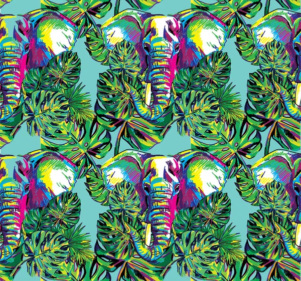 Nahtloses Muster Mit Elefanten Und Tropischen Blättern Saftig Bunten Hintergrund — Stockvektor
