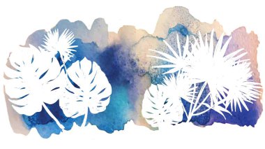 Monstera yaprakları ile arka plan. Tropikal bitkiler. Bir dizi görüntü. Çok renkli çizim. Suluboya arka plan, boya dokusu.