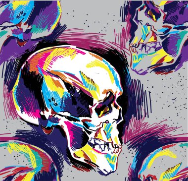 Kusursuz desen İnsan kafatası, renkli çizim, kroki. Kafatası, ölüm, sihir.