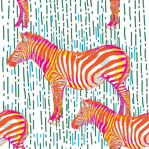 Zebralar ile dikişsiz desen. Çok renkli atlar, çizgili zebra. Pop Art. Şık renkli arka plan. Yaz baskısı. Figürlü işaretler.