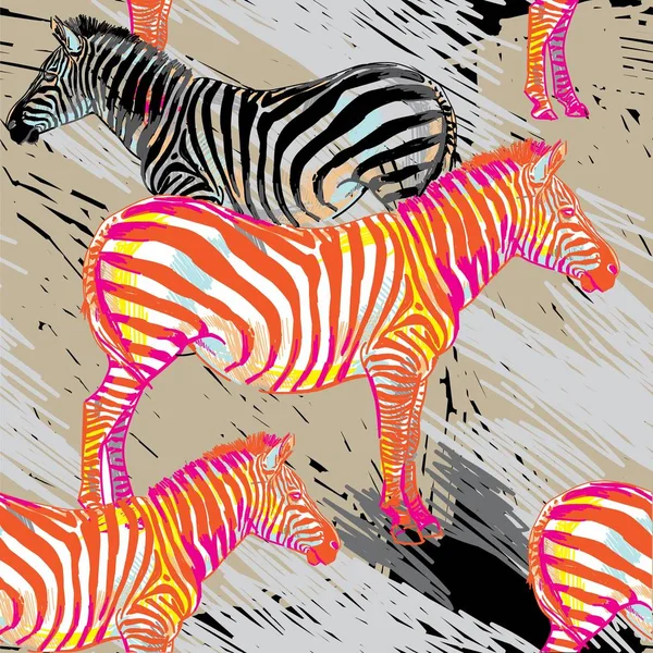 Zebralar ile dikişsiz desen. Çok renkli atlar, çizgili zebra. Pop Art. Şık renkli arka plan. Yaz baskısı. Figürlü işaretler.