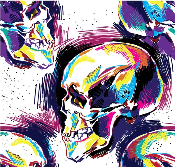 Patrón Inconsútil Calavera Humana Dibujo Colorido Boceto Calavera Muerte Magia — Archivo Imágenes Vectoriales