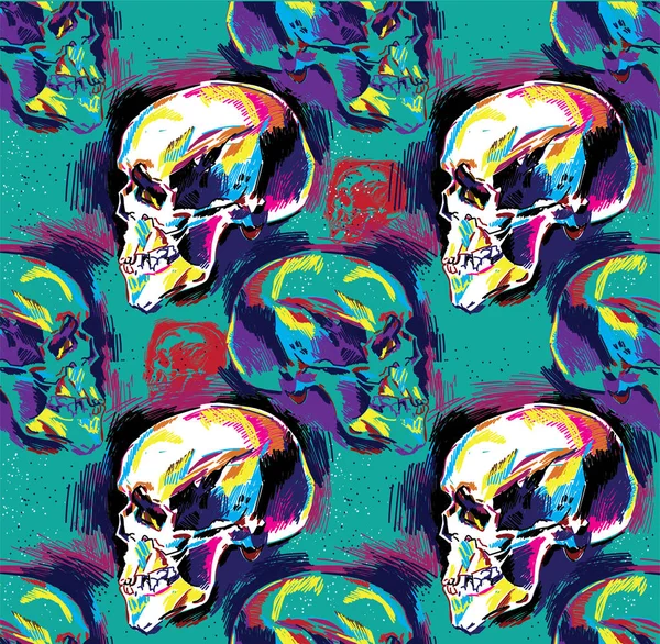 Patrón Inconsútil Calavera Humana Dibujo Colorido Boceto Calavera Muerte Magia — Archivo Imágenes Vectoriales