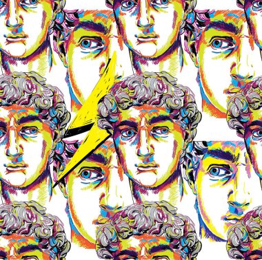 Yunan heykelleri ile dikişsiz desen. Erkeklerin yüzleri. Şık renkli arka plan. pop art, modern antik.