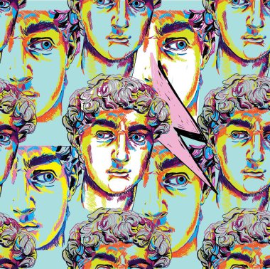 Yunan heykelleri ile dikişsiz desen. Erkeklerin yüzleri. Şık renkli arka plan. pop art, modern antik.