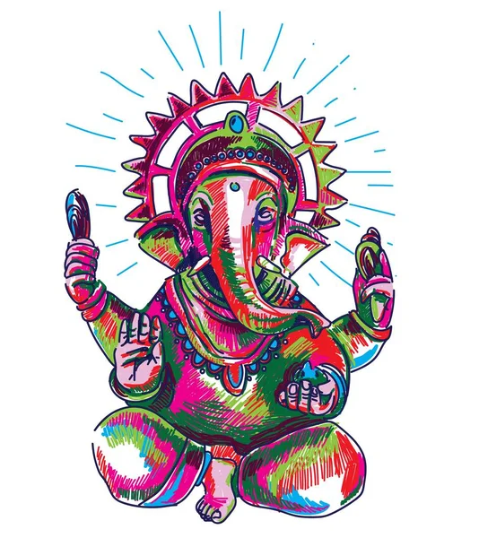 Dios Ganesh Dibujo Con Estilo Multicolor Cabeza Elefante Huella Del — Vector de stock