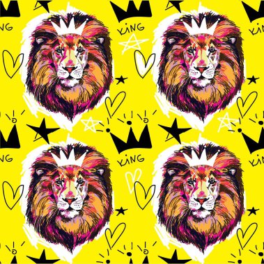 Aslanlar ile dikişsiz desen. Canavarların kralı, bir yırtıcı. Parlak, çok renkli pop art deseni.