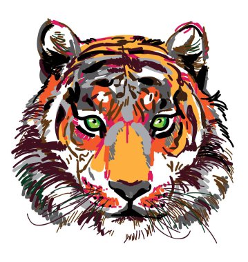 Kaplan kafası Çok renkli çizim. Hintli, Amur kaplanı. Çizim işaretleri, pop art. Şık poster.
