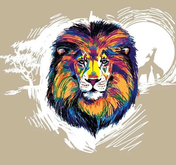 Tête Lion Modèle Pop Art Multicolore Tirage Lumineux — Image vectorielle