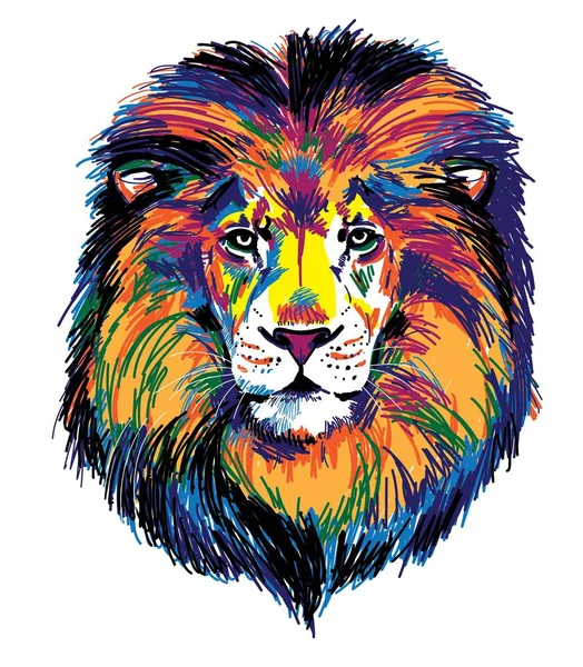 Bir aslanın başı. Çok renkli pop art deseni. Parlak baskı.