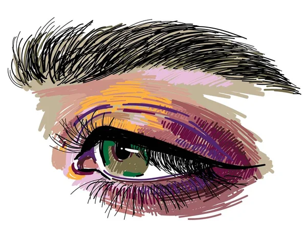 Women Eyes Multicolored Drawing Markers Long Eyelash Gentle Look Freehand — Stock Vector