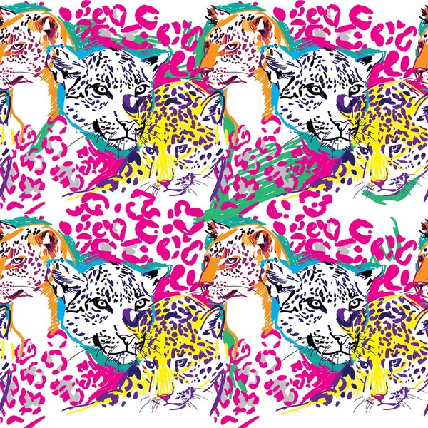 Leoparlar ile dikişsiz desen. Büyük kediler. Pop Art. Şık renkli arka plan. Yaz baskısı. Figürlü işaretler.
