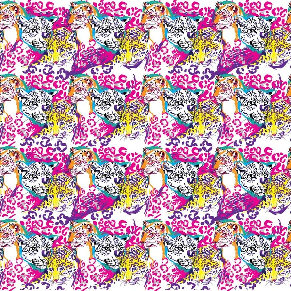 Naadloos Patroon Met Luipaarden Grote Katten Pop Art Stijlvolle Kleurrijke — Stockvector