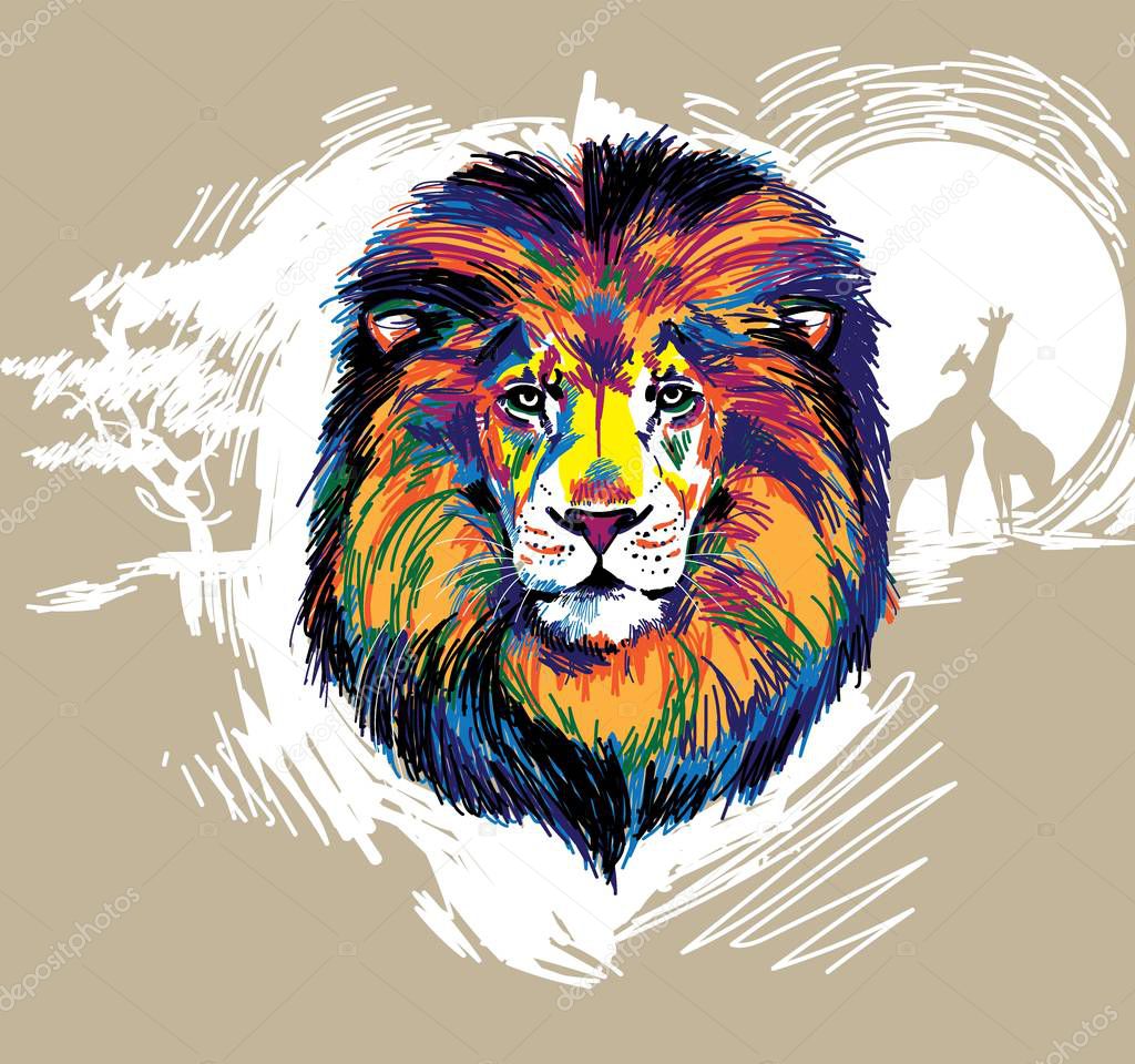 The head of a lion. Multicolored pop art pattern. Bright print.