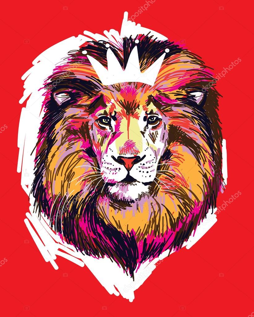 The head of a lion. Multicolored pop art pattern. Bright print.