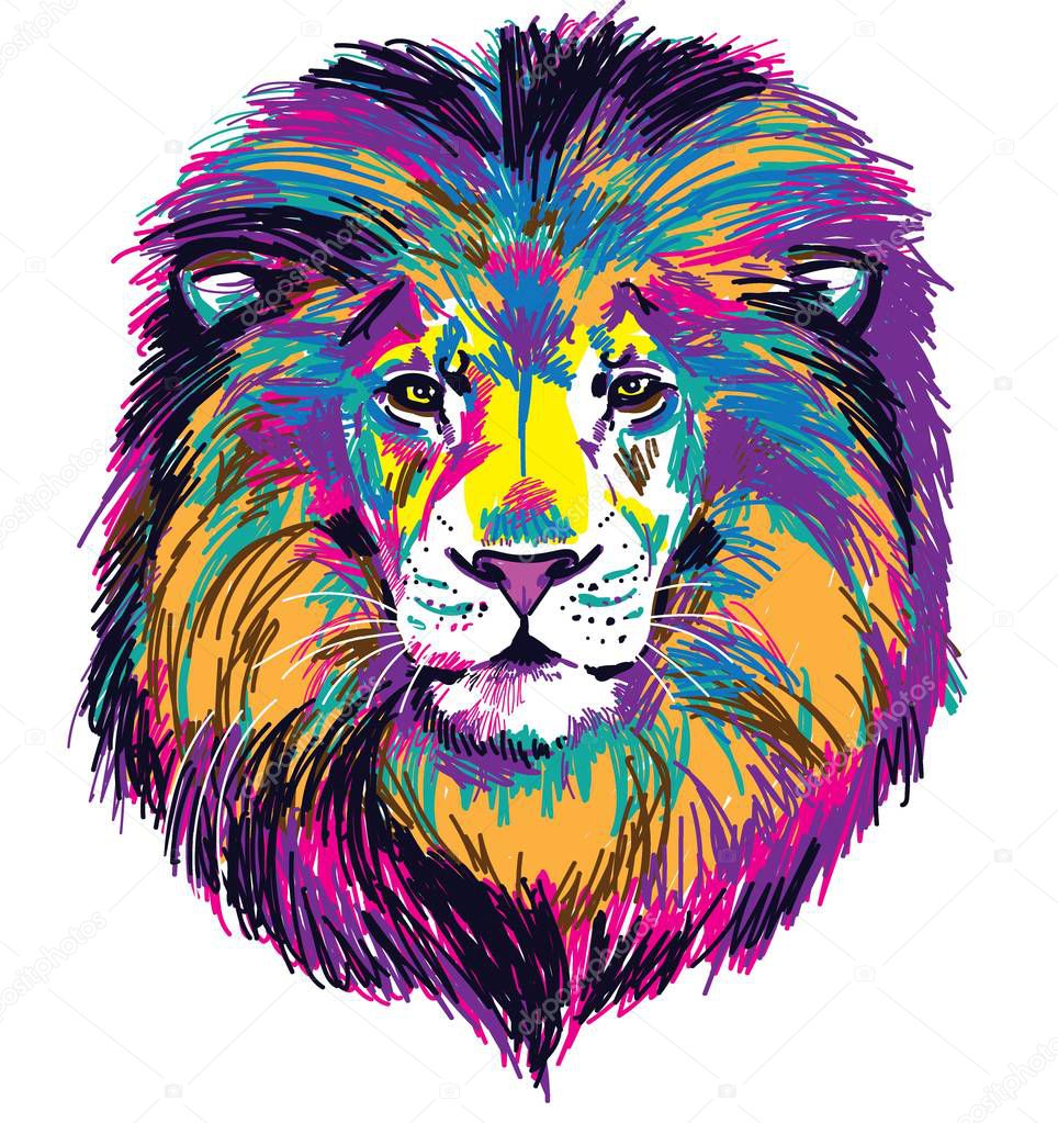 The head of a lion. Multicolored pop art pattern. Bright print.