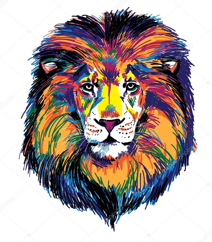 The head of a lion. Multicolored pop art pattern. Bright print.