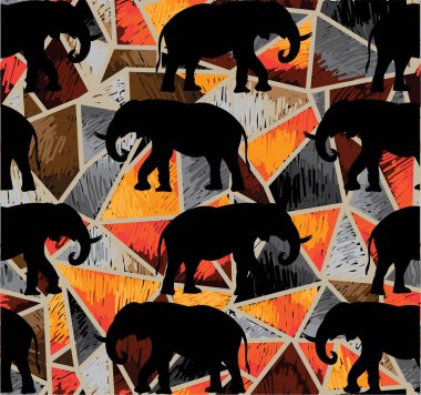 Afrika fillerinin siluetleriyle kusursuz desenler. Şık yaz geçmişi, Afrika, Mısır, Fas.