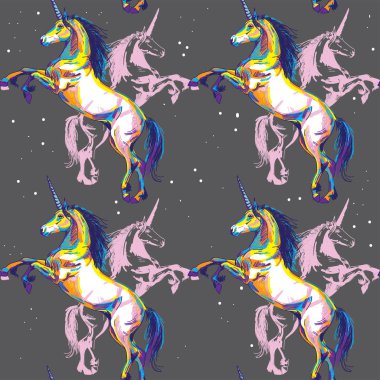 Tek boynuzlu at deseni. Çok renkli çizimler, mistik hayvanlar..