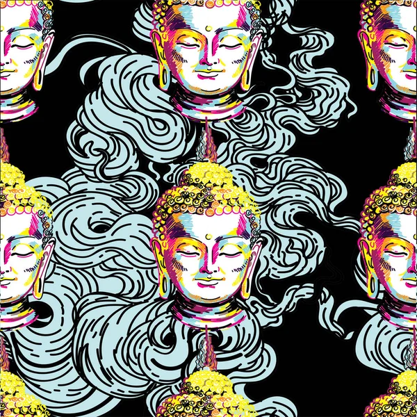 Uddha Sömlösa Mönster Buddhism Yoga Figur Markörer Popkonst Ljust Tryck — Stock vektor