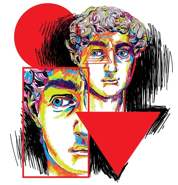 Stylish print with plaster statues. Drawing with multi-colored markers. Male heads, geometric shapes. — Stock Illustration Stylish Print Plaster Statues Drawing Multi Colored Markers Male Heads Stock Illustration