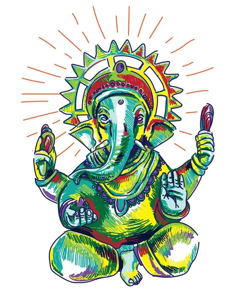 Gott Ganesh Bunte Stilvolle Skizze Elefantenkopf Nirwana Print Yoga — Stockvektor