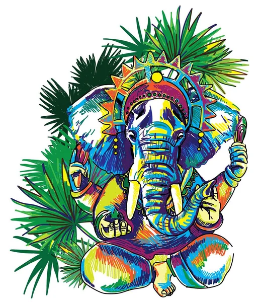 Isten Ganesh Sokszínű Stílusos Vázlat Elefánt Fej Nirvana Nyomtatás Jóga — Stock Vector