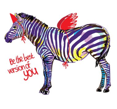 Senden daha iyi ol. Şık zebra baskı. Zebra tek boynuzlu at. Komik çizim. Çok renkli çizim.