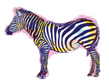 Zebra desen işaretleri. Pop Art. Parlak baskı, renkli noktalar. Serbest çizim. Zebra tam büyüme.