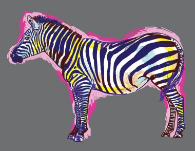 Zebra desen işaretleri. Pop Art. Parlak baskı, renkli noktalar. Serbest çizim. Zebra tam büyüme.